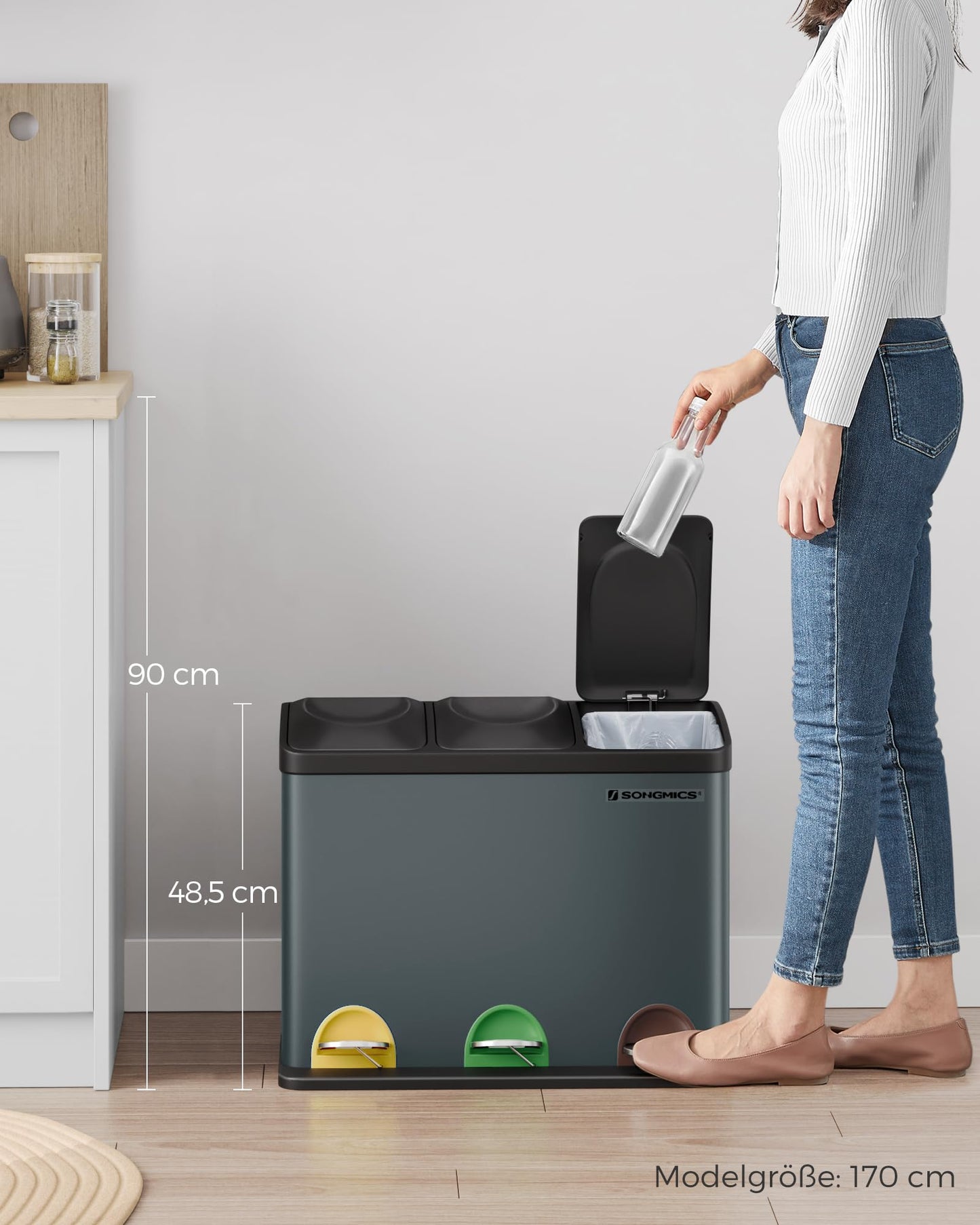 SONGMICS Kitchen Trash Can, Waste Separation System 3 Compartments, Garbage Bin, 45 Liter Metal Step Trash Can, 3 x 15 Liter, Step Trash Can with Lid, Steel, Green Grey-Ink Black LTB45G