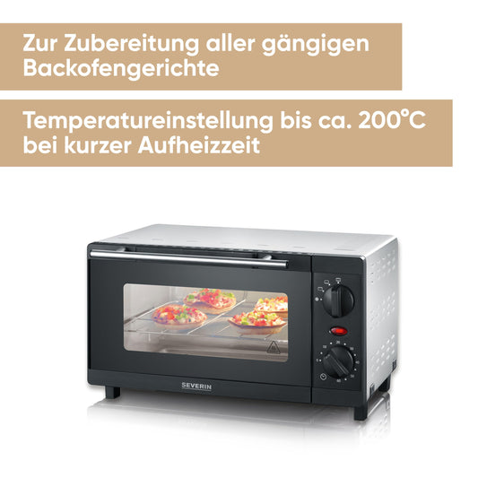 SEVERIN Mini Baking and Toast Oven, compact oven with grill rack and baking tray, with upper and lower heat, 800W, 9 L, silver/black, TO 2052