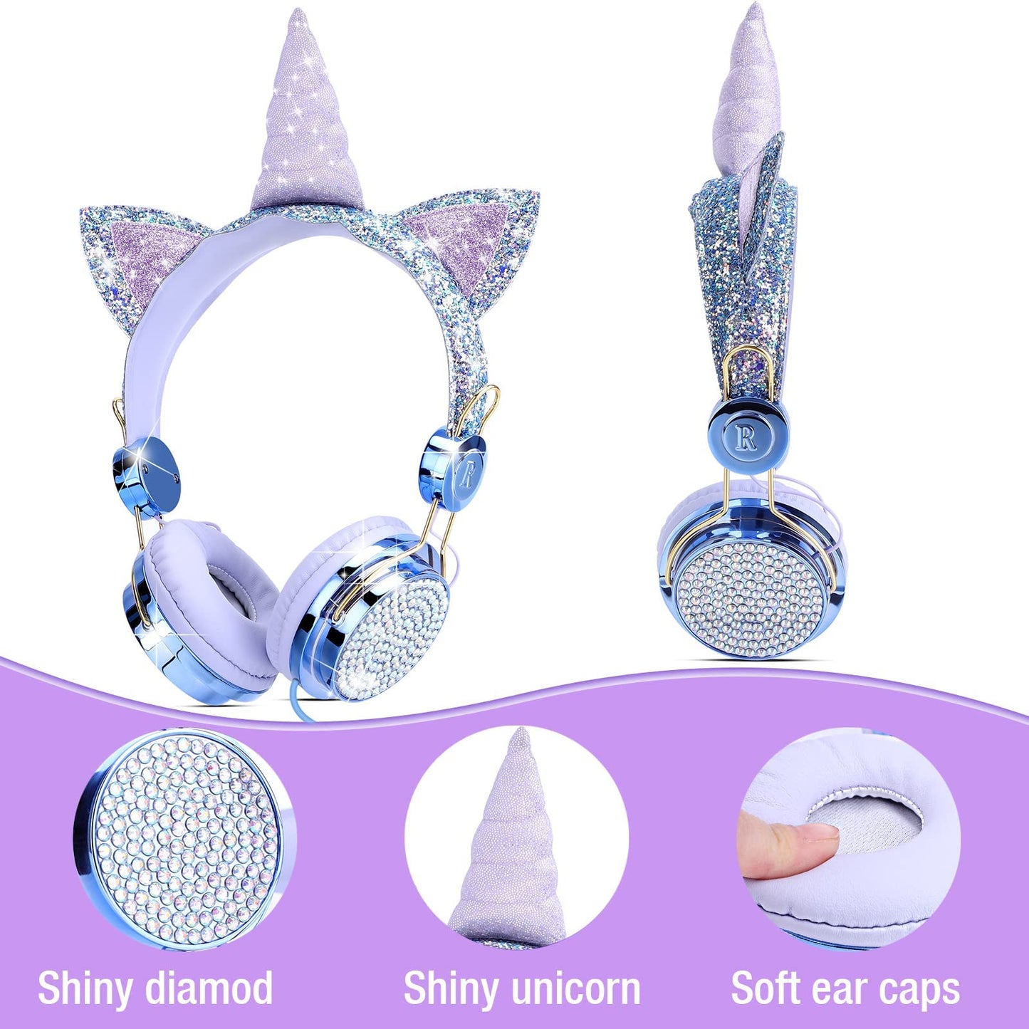 Children's headphones, unicorn glitter stones, children's headphones for girls, wired headphones with unicorn bracelet gift, adjustable stereo headphones with microphone and volume control (Sky blue)