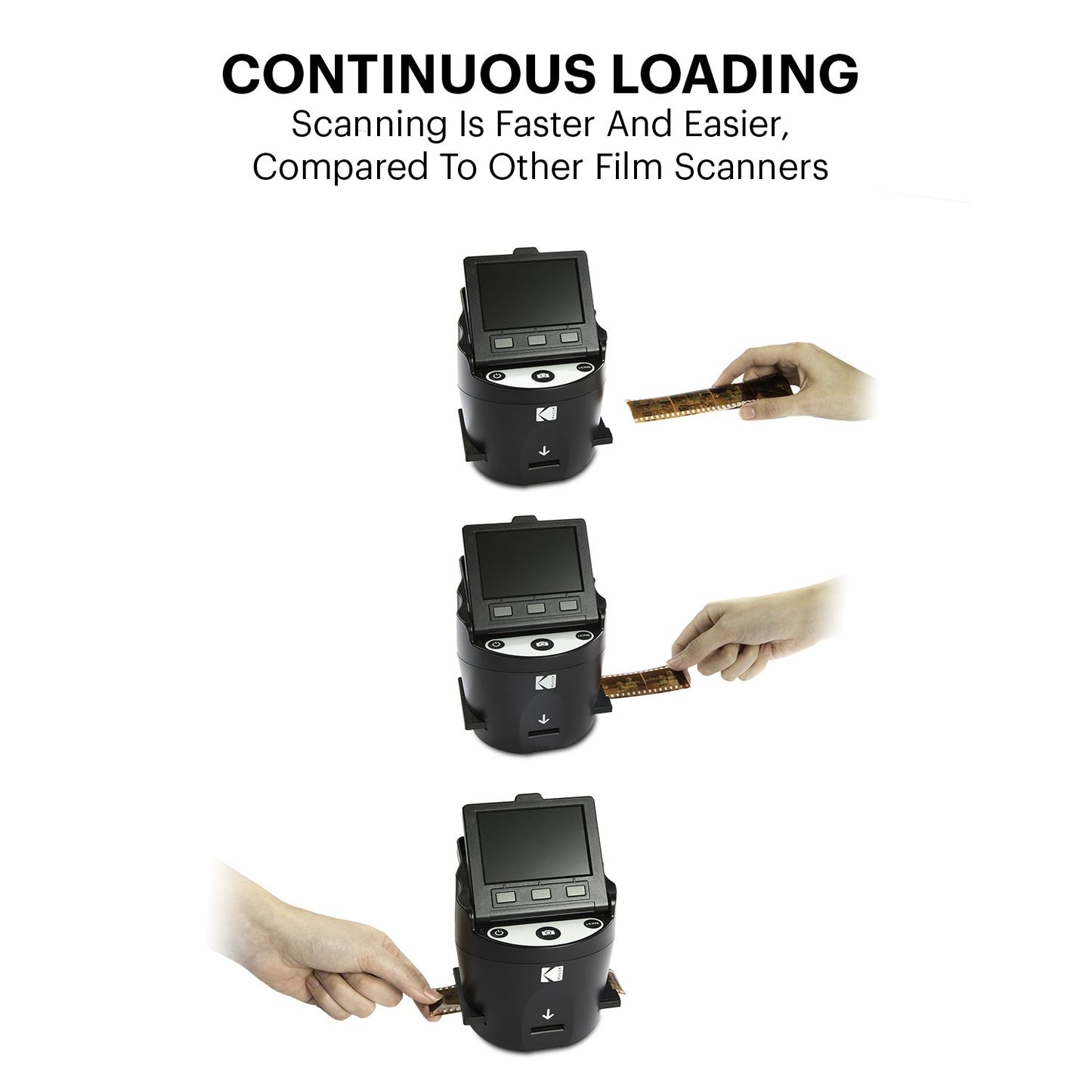 KODAK Digital Film Scanner converts negatives and film slides in 35mm, 126, 110, Super 8, and 8mm to JPEG. Features large tiltable 3.5-inch LCD display and EasyLoad films. RODFS35 Black.