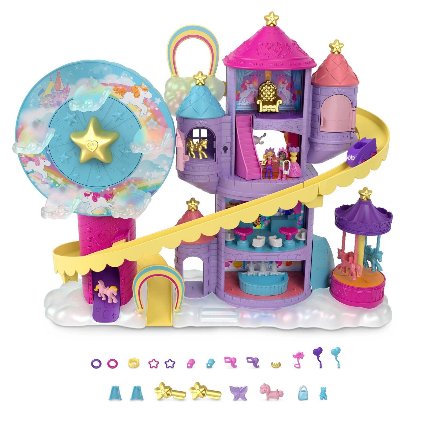 Polly Pocket HBT13 - Rainbow Unicorn Fun Fair, 3 different amusement park attractions, 7 play areas, 2 dolls, 2 unicorns, and 25 surprises (30 total pieces), for ages 4 and up.
