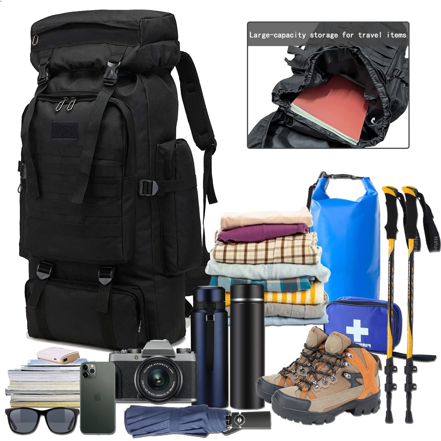 Kabxhueo Large Backpack 60L-80L Hiking Backpack Waterproof for Men & Women - Travel Backpack, Emergency Backpack, Trekking Backpack for Survival, Hiking, Camping, Fishing & Travel (Backpacker Backpack)