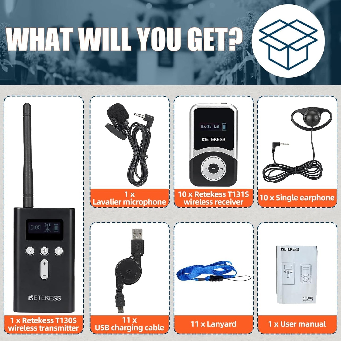 Retekess T130S (T130 2rd) Wireless Tour Guide System, Wireless Tour Guide System, D-Headphones, 100m, Interpreter Equipment for Tourism, Factory Tours, School (1 Transmitter, 10 Receivers)