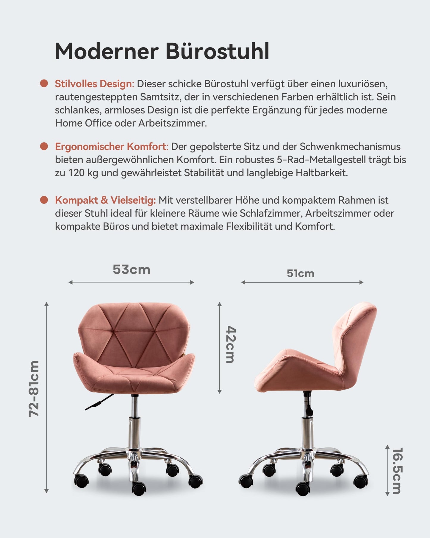 HNNHOME Eris Desk Chair, modern, padded velvet, fabric swivel chair, adjustable height (Rose)