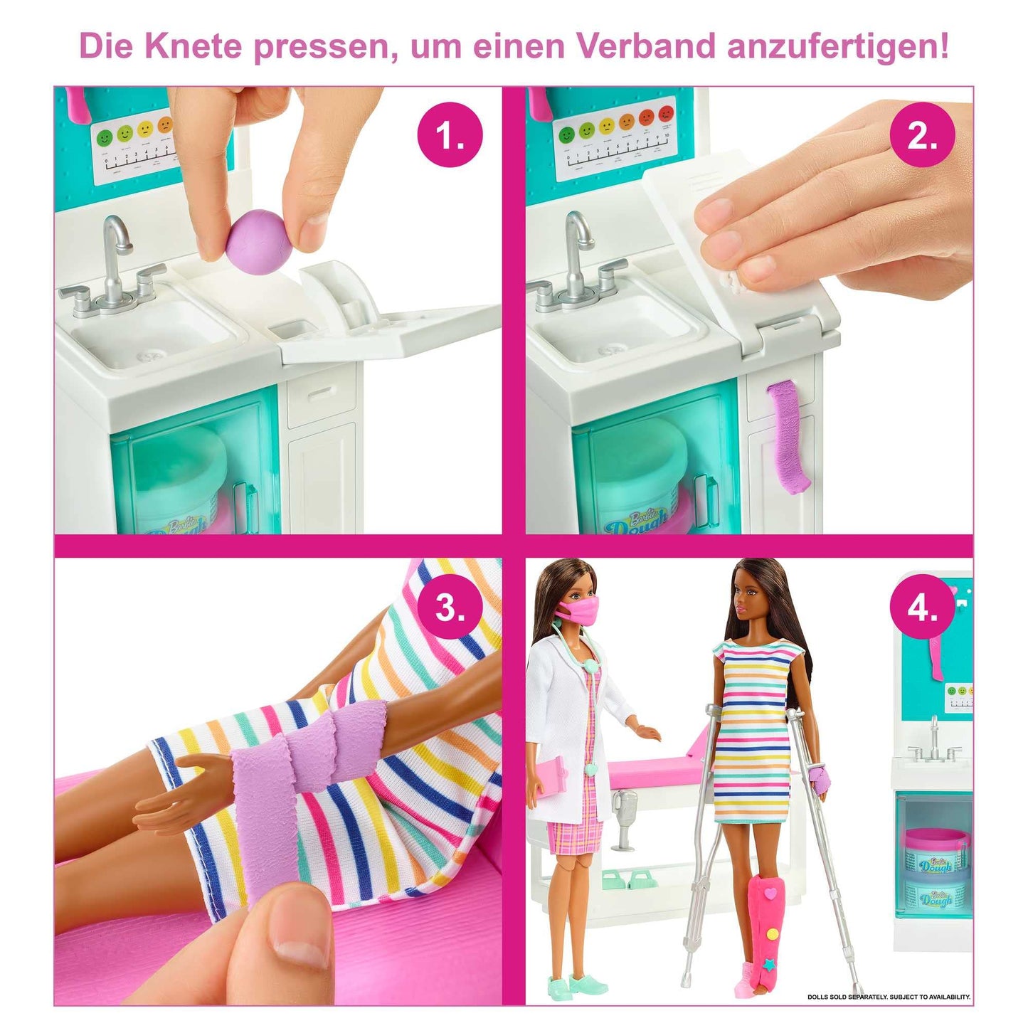 Barbie HFT68 - Get Well Hospital Playset with brunette doctor doll, 4 play areas, over 30 pieces, toy for ages 4 and up.