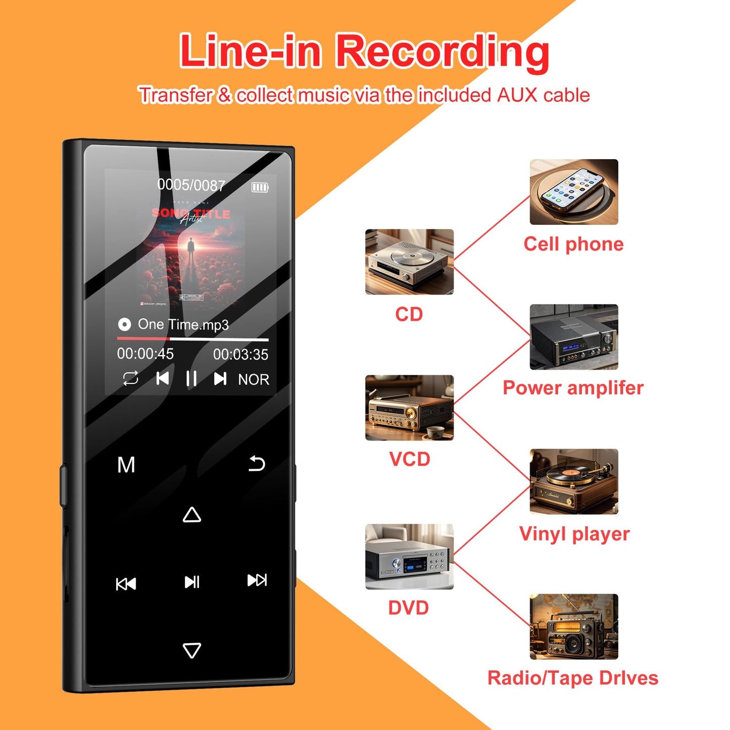 SWOFY 128GB MP3 player with Bluetooth 5.3 and a 1.8-inch screen, HiFi music, kids MP3 player with speaker, FM radio, e-book function, recording function (black)