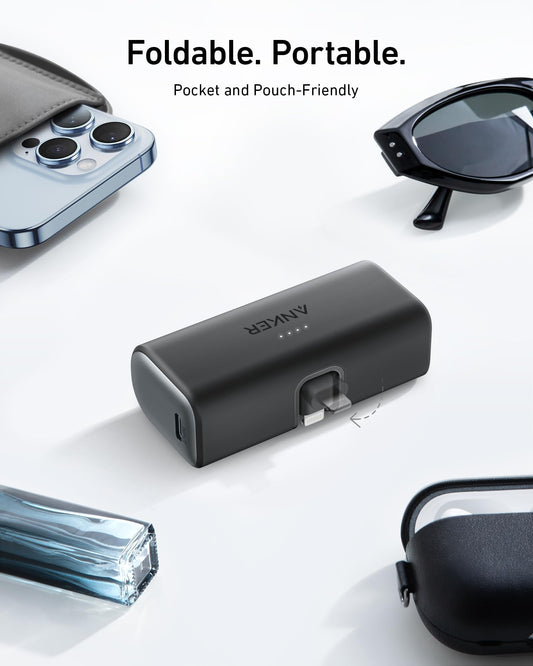 Anker 621 Powerbank with built-in Lightning connector, 5,000 mAh MFi-certified 12W external battery pack, compatible with iPhone 14/14 Pro/14 Plus/14 Pro Max, iPhone 13 and 12 series.