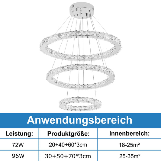 ATUM 72W Modern Crystal LED 3 Ring Design, Creative Chandelier Hanging Light for Bedroom Living Room Dining Room (Cool White, 72W)