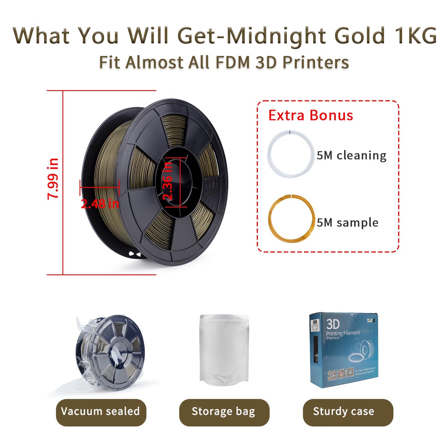 ZIRO 3D Printer Filament Mystical Series 1.75mm PLA Filament, shiny sparkling PLA with finer glitter, 1kg/2.2lbs spool, compatible with most FDM FFF 3D printers, Midnight Gold