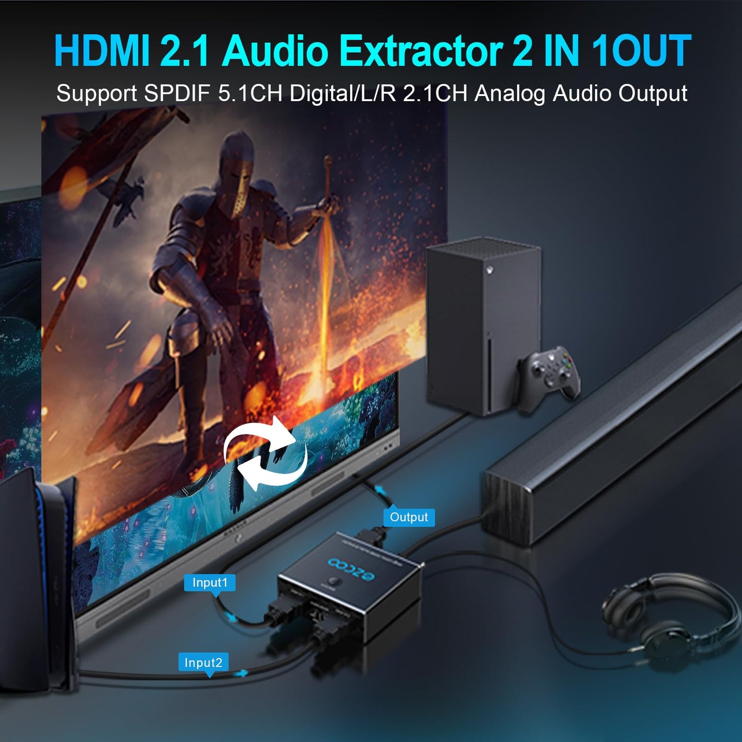 4K 120Hz HDMI 2.1 audio extractor 2X1 VRR ALLM HDCP2.3 HDR10 ARC CEC audio extractor switch 2 IN 1 OUT audio converter HDMI to HDMI SPDIF optical stereo L/R Dolby Digital EDID for PS5 XBOX NVIDIA