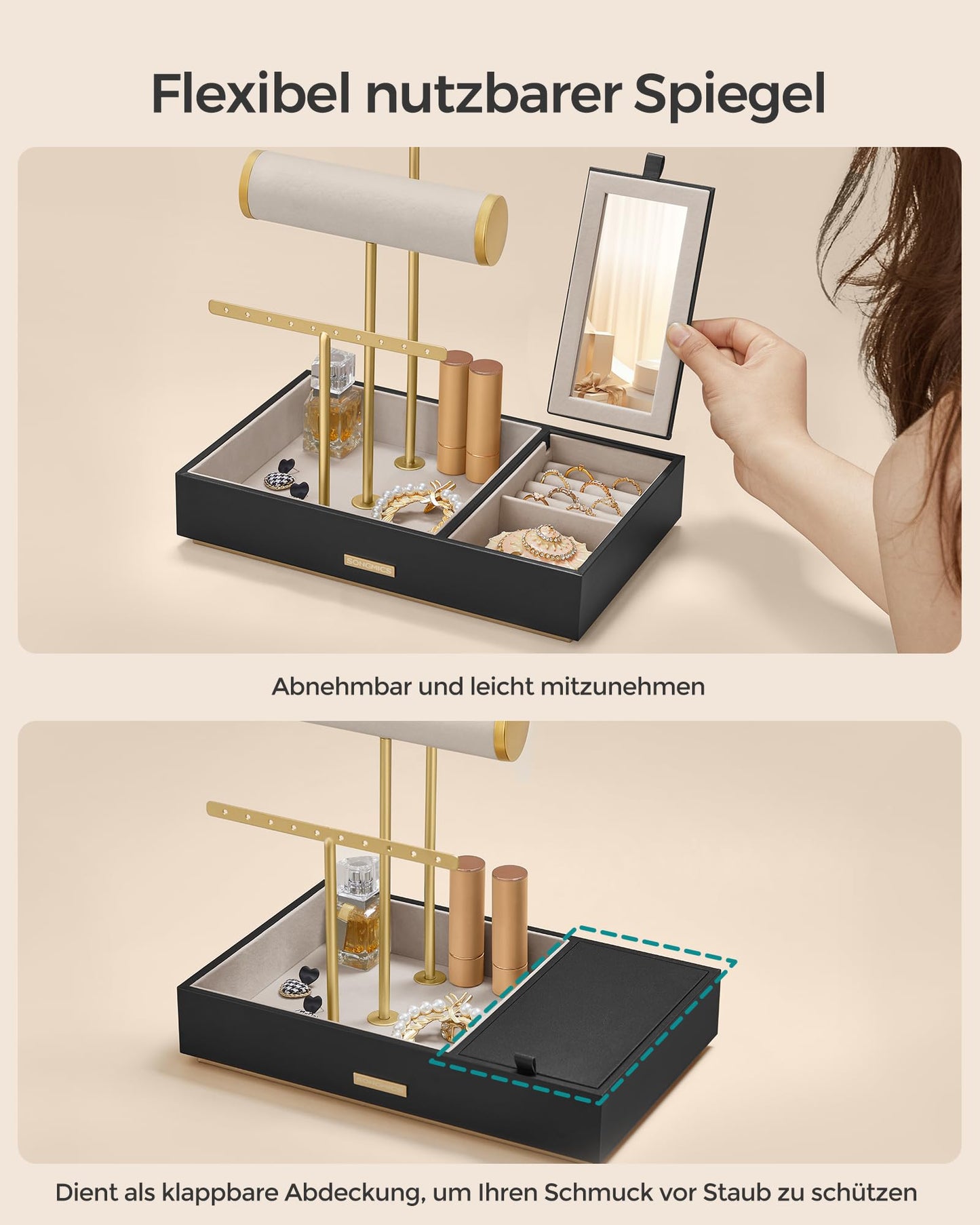 SONGMICS Jewelry Stand, Jewelry Holder, Earring Holder Metal, Jewelry Tray with Mirror, Jewelry Storage for Necklaces Bracelets Earrings Rings, Gift Idea, Gold-Black JJS022B01
