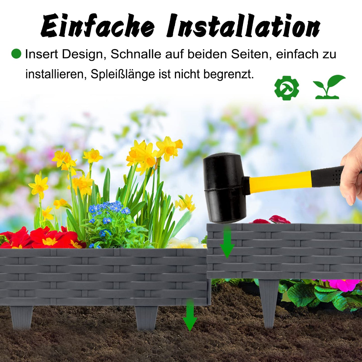 5m Rattan lawn edging plastic with 5 elements of 100 cm each. Rattan-look design, flexible for garden borders. Bendable edging for lawns, flower beds in anthracite color.