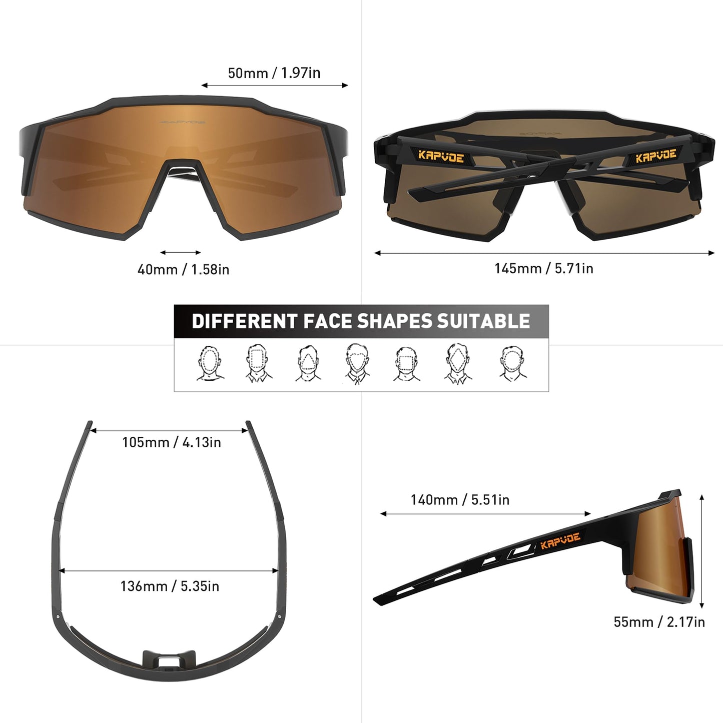 KAPVOE Polarized Cycling Glasses with 4 interchangeable lenses TR90 frame for men women cycling MTB sports sunglasses bike glasses driving fishing baseball running brown black 04