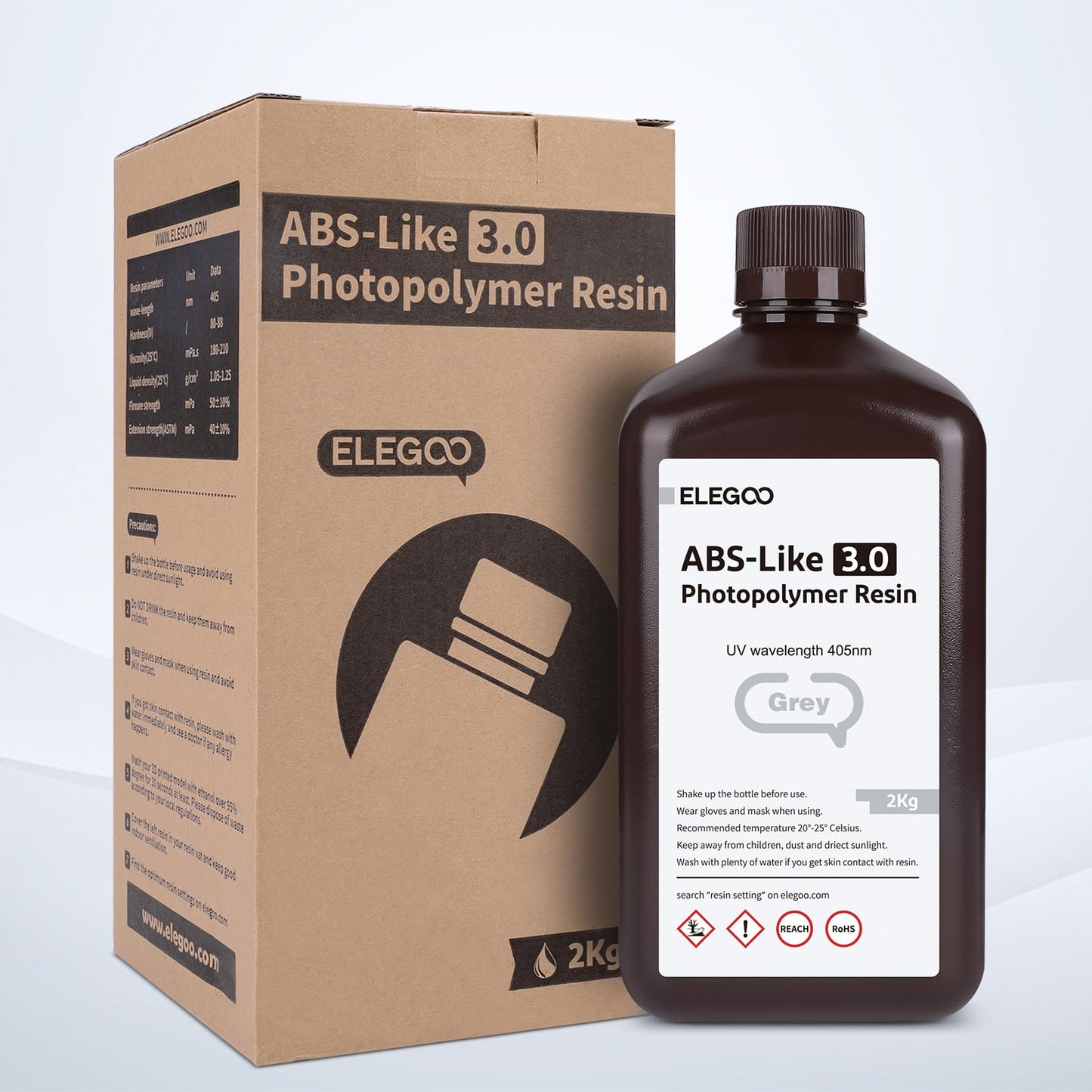 ELEGOO 405nm ABS-Like Resin 3.0, LCD UV Rapid Resin with high precision, non-brittle, improved strength and toughness for LCD/DLP 3D printers. Photopolymer resin 2000g in Smokey Black.
