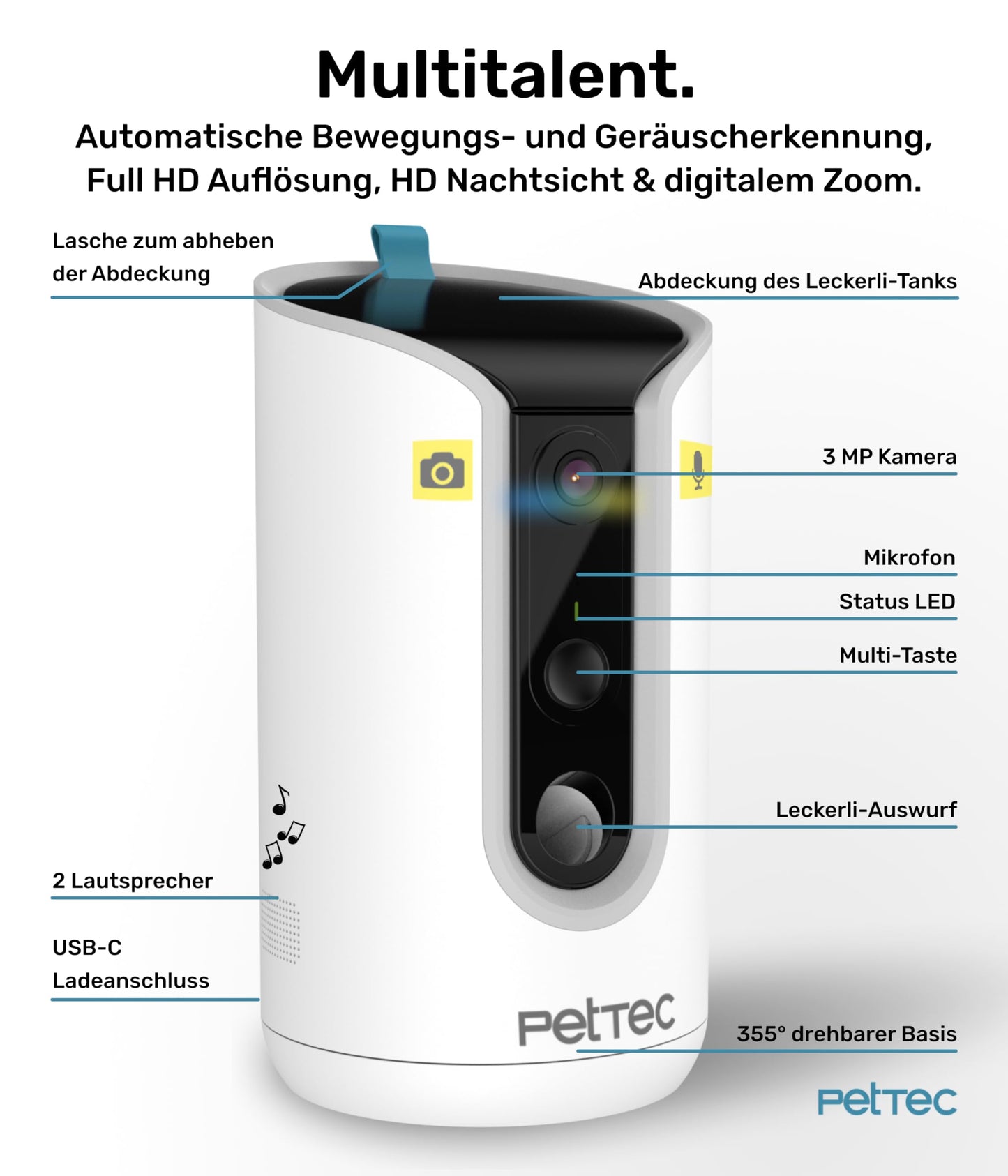 PetTec® pet camera 360° and automatic feeder with treat dispenser - via app & multi-button - bark detection - 3MP night vision function - dog camera & cat camera