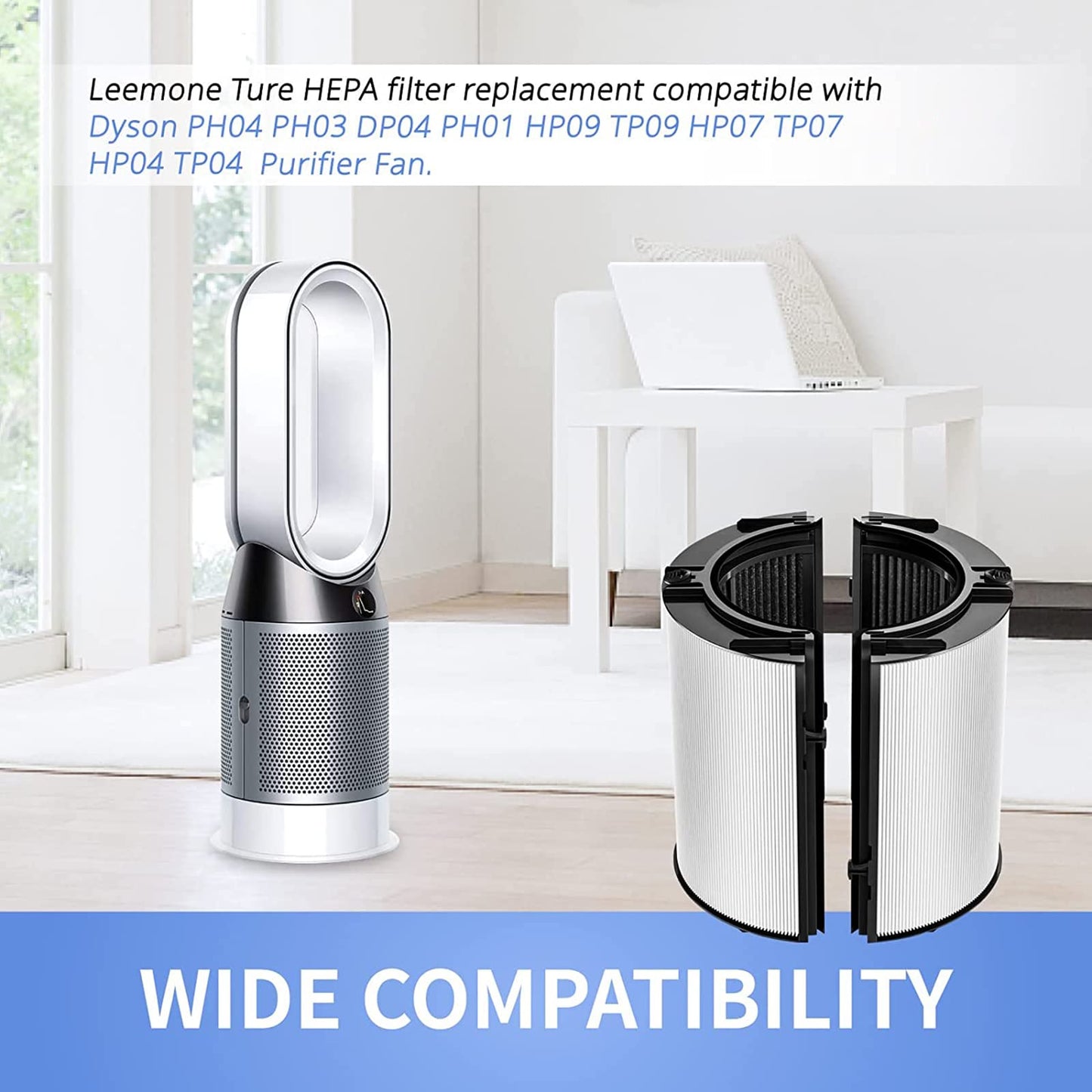2-in-1 HEPA + Carbon replacement filter compatible with Dyson HP04 TP04 DP04 PH04 HP09 TP09 HP07 TP07 PH03 PH01, H13 grade True HEPA replacement filter.