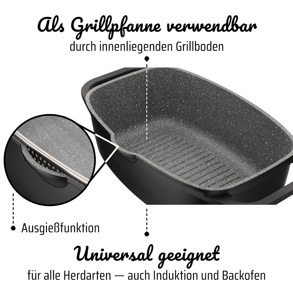 GSW universal roaster gourmet granite - high-quality roaster with lid, perfect for stewing, grilling, and roasting, suitable for induction and oven use - black, cast aluminum, 6 liters.