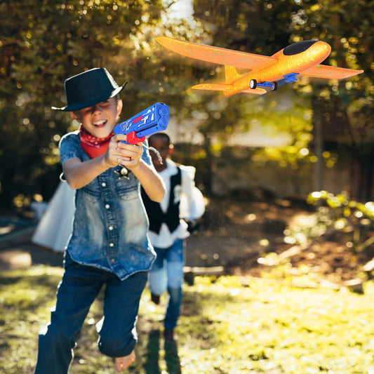 Airplane toy, foam glider catapult gun children's toy, kids outdoor garden interactive games children’s birthday gifts boys girls for ages 3 4 5 6 7 8 9 10 years.