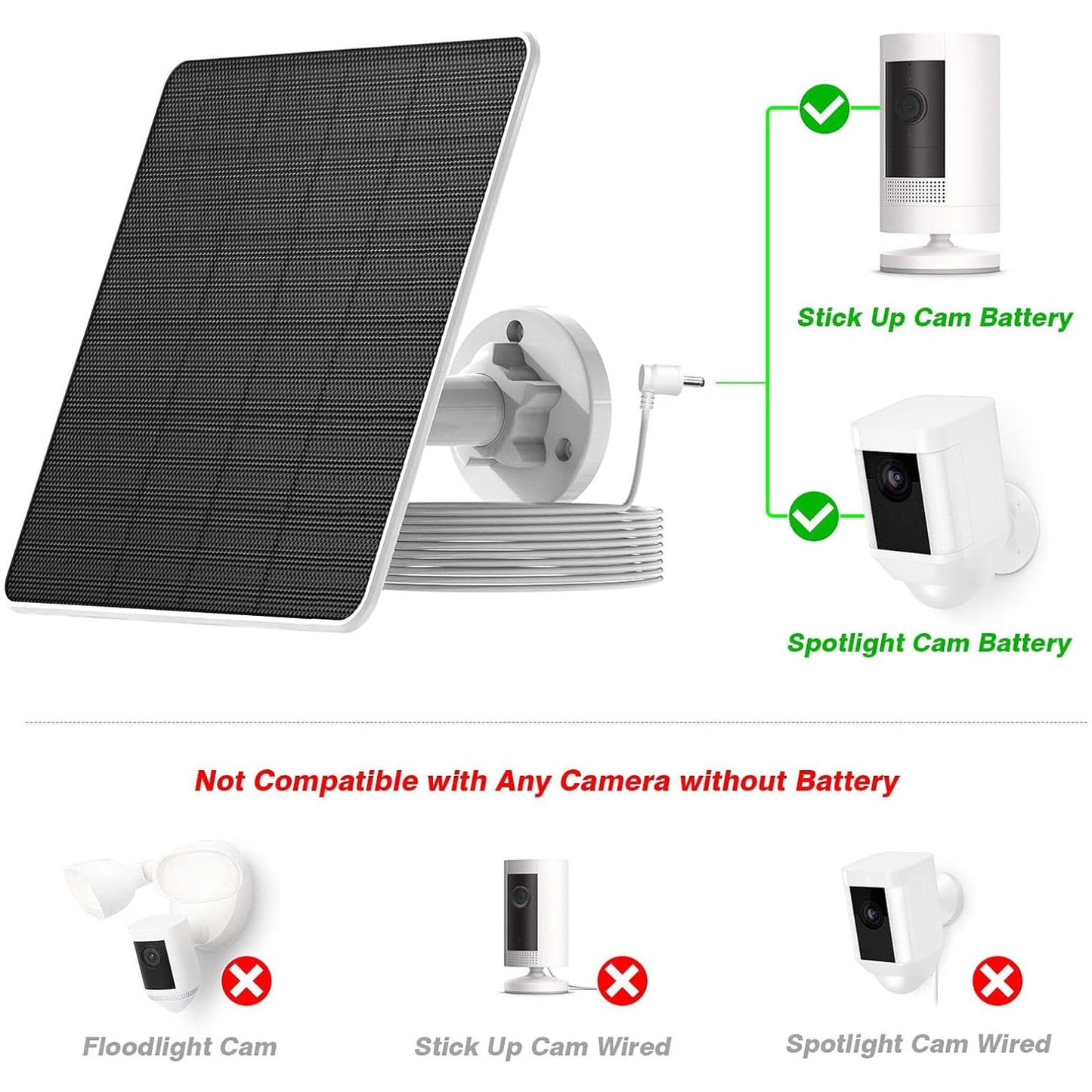 Solar panel charger for Ring Spotlight Cam and Ring Stick Up Cam, IP65 waterproof solar panel with 5V 10W charging, 9.8ft long cable (CSP4W-DC-W).