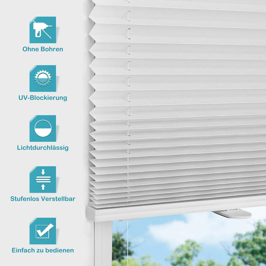 bobodeco Pleated Blind without drilling Pleated blinds with clamp fixation - White 50x230 cm (WxH) - Easyfix Pleated blind Venetian blind Fold blind Opaque - Privacy - Sun protection Ready-made pleated blind - Blinds for windows and doors