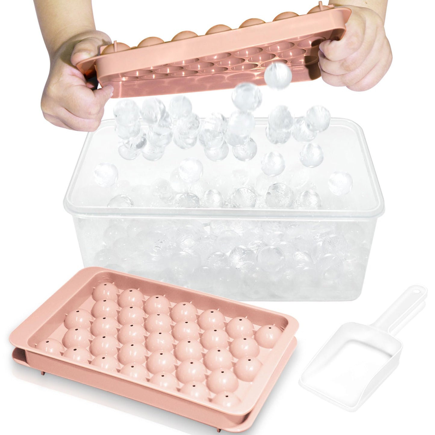 WIBIMEN Round Ice Cube Tray, 2.5 cm x 66-Piece Ice Cube Tray for Freezer with Container, Mini Circular Ice Cube Tray, Sphere Shape, Ice Cooling, Tea and Coffee (Pink)