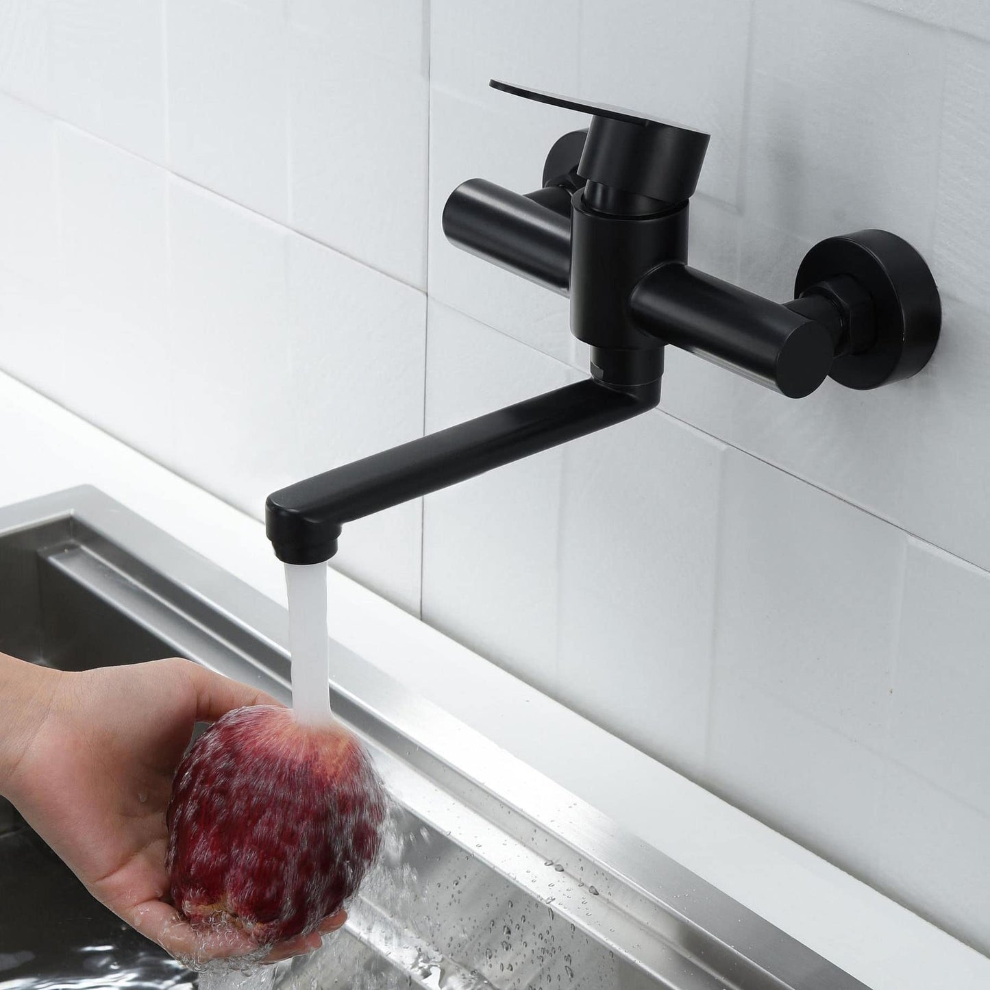 HomeLava 360° Rotatable Kitchen Faucet Wall Mount Mixer Tap One Handle 304 Stainless Steel Black with 180mm Spout.
