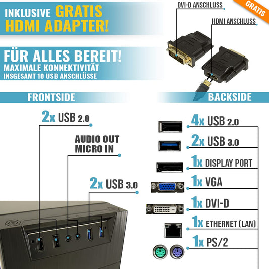 GREED® Basic PC with Intel Celeron G5905 - Fast computer for office & home office with 3.5 GHz, 8GB RAM, 512 GB SSD, DVD+RW, USB 3.0, WLAN, including Windows 11 Pro.