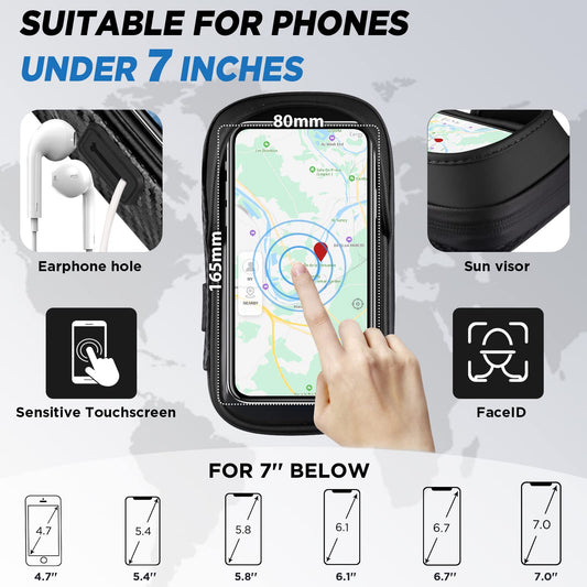 Waterproof bicycle phone mount with 360° rotatable design fits 4.7-7 inch smartphones. Includes rain cover for protection. Ideal for motorcycle or bike handlebars.