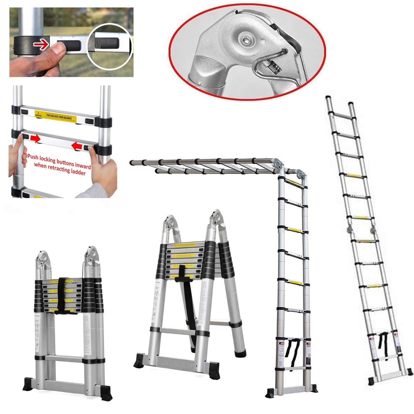 5M telescopic ladder extendable ladder aluminum ladder extension ladder leaning ladder 16 rungs multipurpose ladder 150kg load capacity safety lock ladder