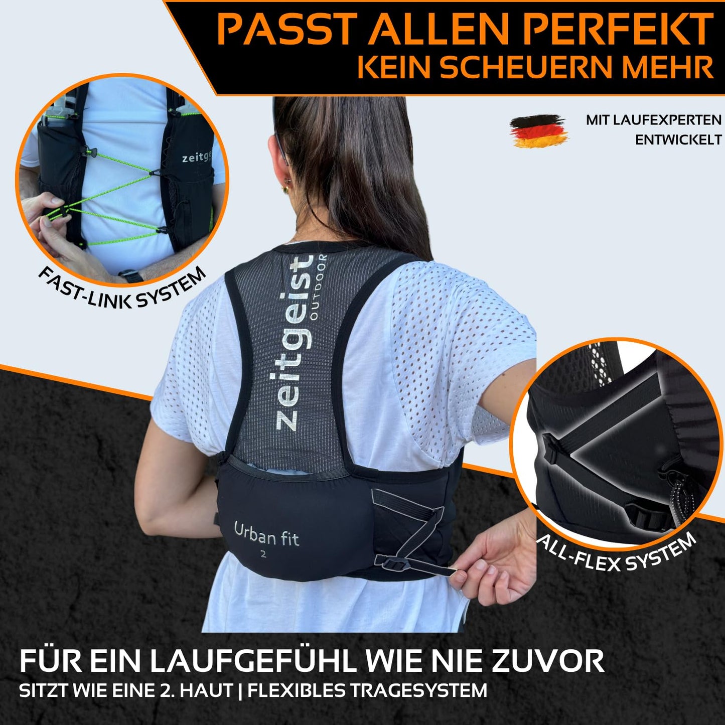 time spirit OUTDOOR® Running vest Women and Men Urban fit 2L optimal fit breathable ultralight running backpack 130-170gr hydration backpack Running Trailrunning Backpack