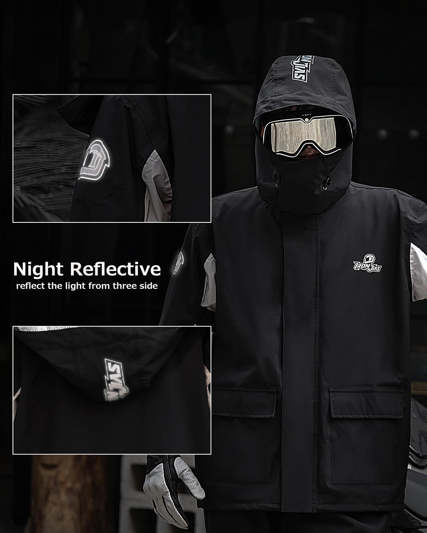 IRON JIA's men's motorcycle rain suit waterproof windproof breathable reflective with hood with zipper high-quality outdoor raincoat-black-L