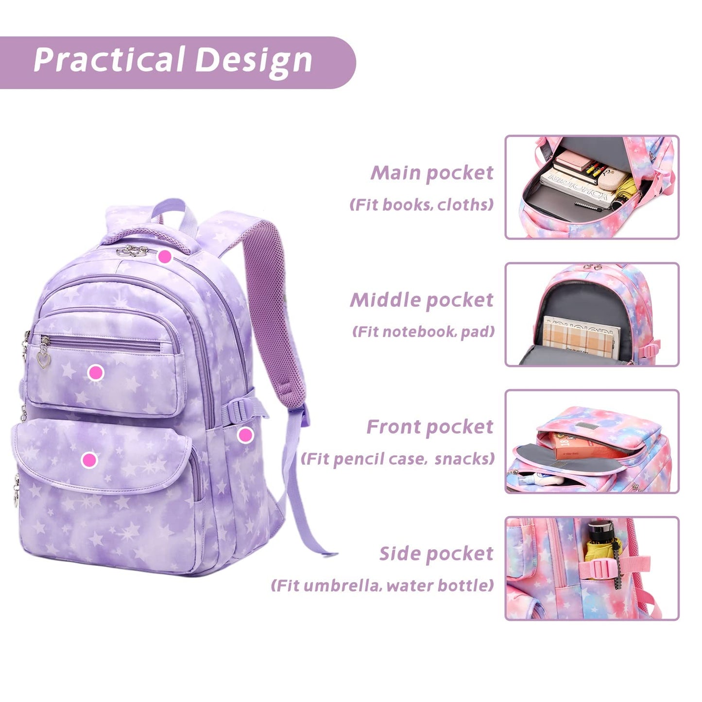 Tanou school backpack for girls 3 pcs with lunch bag pencil case, breathable lightweight school bag for teenage girls 3-9 grade, 22 liters backpack for travel, purple