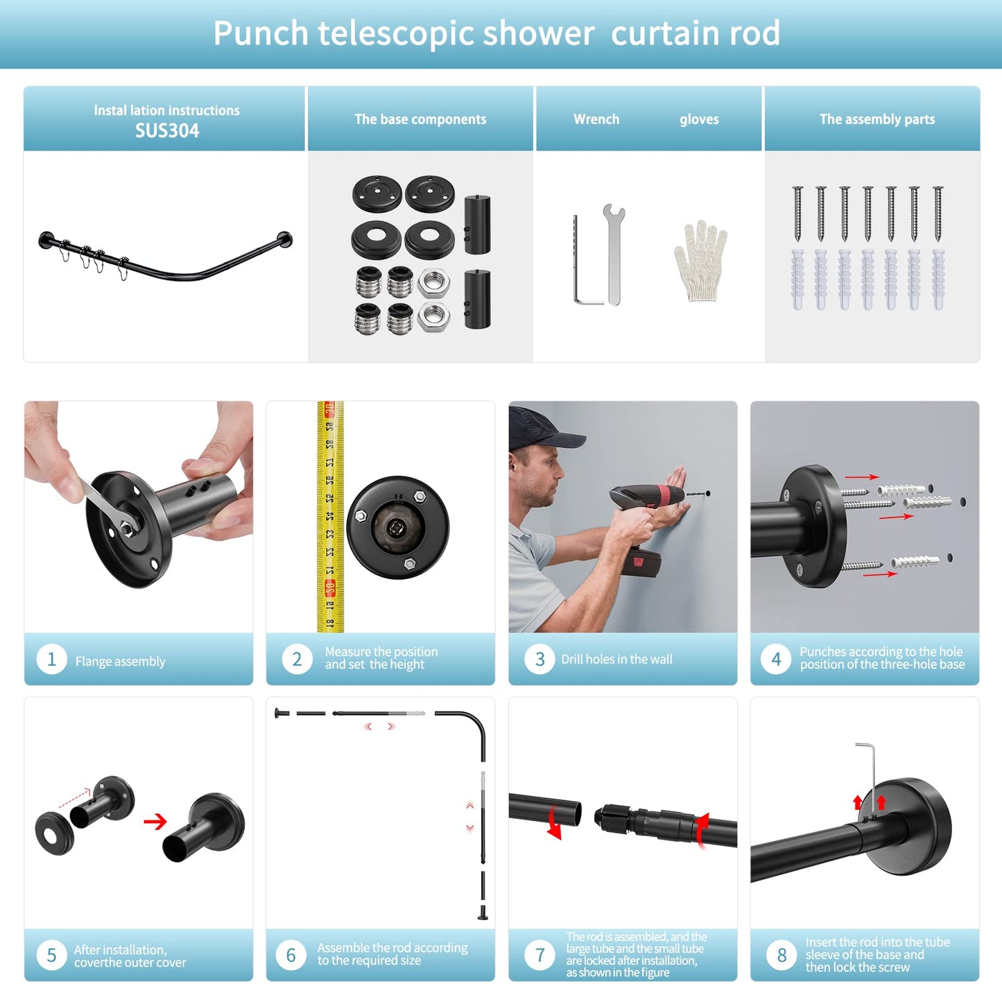 Shower curtain rod L shape adjustable 70-100 Γ 110-170 cm, with 18 stainless steel rings, corner shower rod made of SUS 304 stainless steel, drill installation, suitable for bathtub & bathroom, Black
