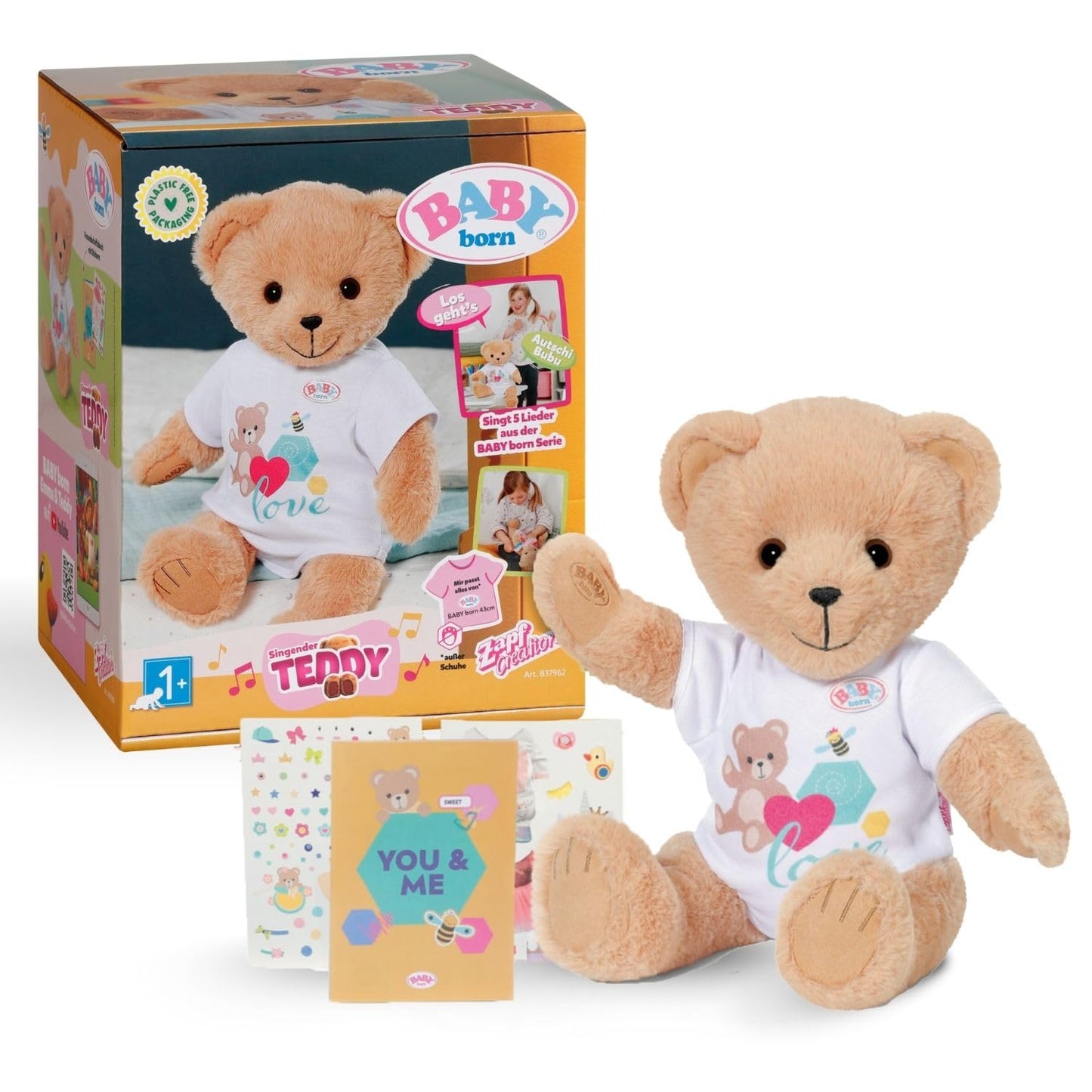BABY born Singing Teddy - plush bear with sound function & white romper - movable arms & legs - suitable for children aged 18 months and older - sings 5 German songs from the series