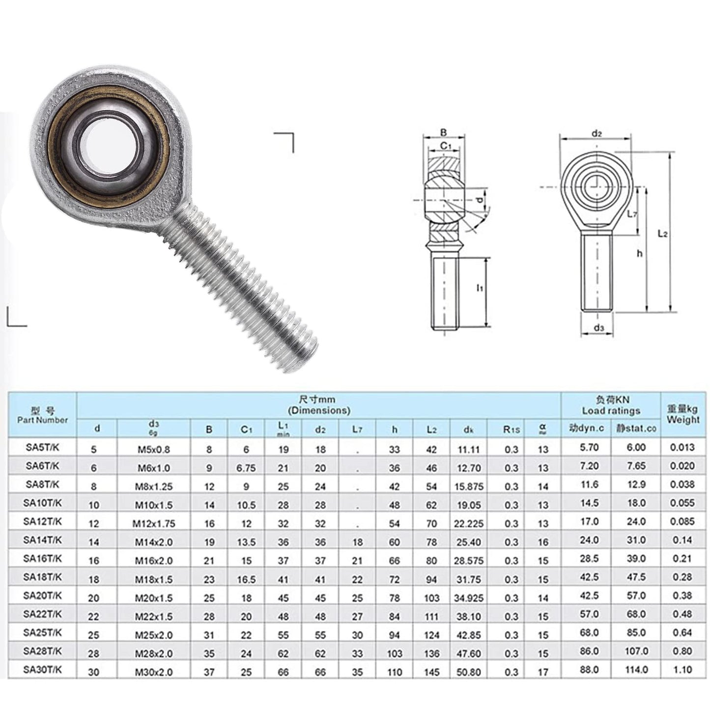 4 pieces of ball joint ball joint bearing with external thread joint ball joint performance ball joint uniball joint ball joint bearing (M12)