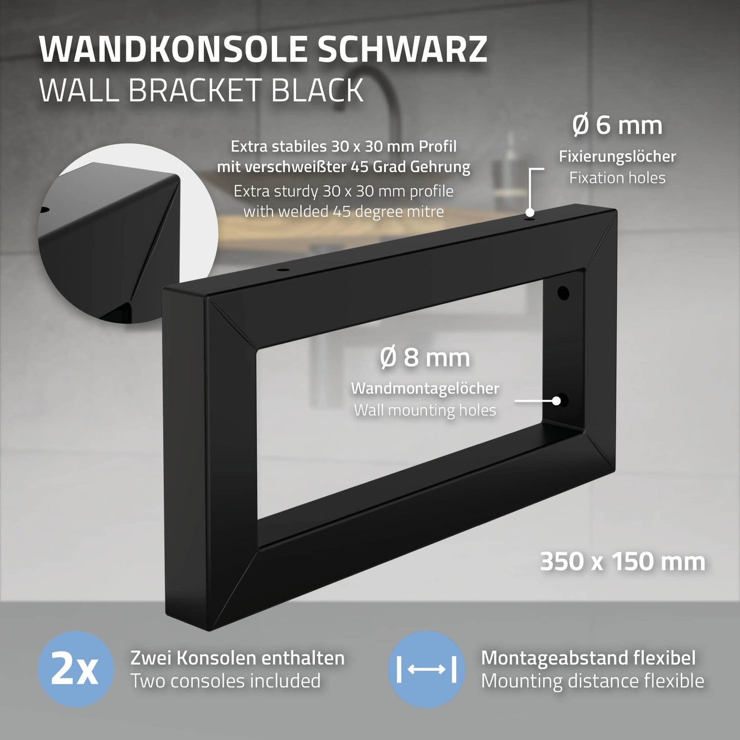 ML-Design 2-piece set wall bracket for washbasin, 350x150 mm, black, steel, design washbasin bracket, wall bracket for undercounter washbasin, console bracket shelf bracket towel holder