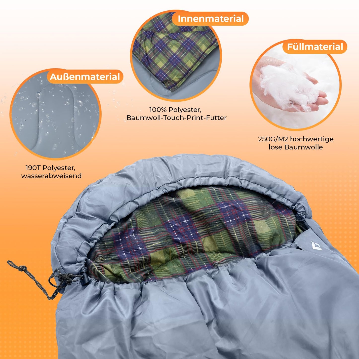 KingCamp sleeping bag, versatile and fully expandable outdoor sleeping bag with cotton-touch-print lining, lightweight and water-resistant, perfect for camping and outdoor activities. (Gray L Zip, 220×75cm)