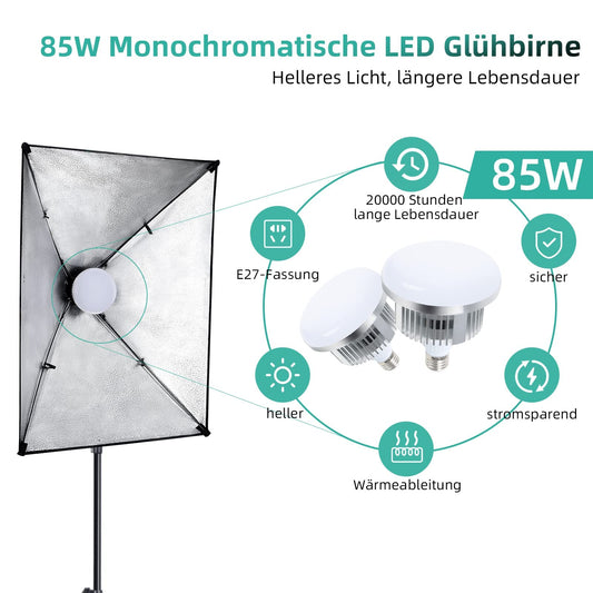 Photo Studio Kit, Cotton Green Screen Set 2.6Mx3M Photo Studio Background System with 135W CFL Photo Lamp 85W LED Photo Lamp Reflector Photo Screens Sandbag for Product Portrait Video Photography.