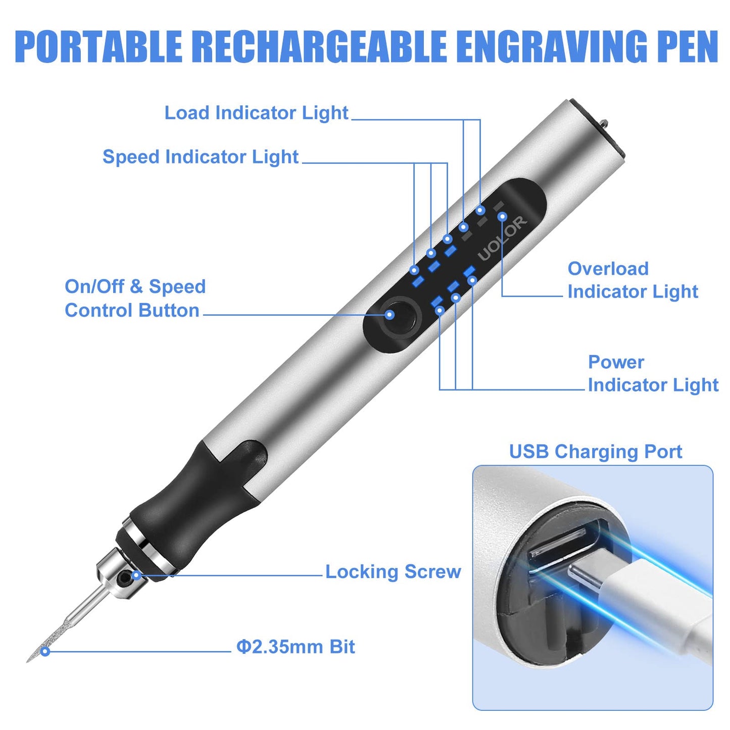 Uolor Wireless USB Rechargeable Engraving Tool Kit, Electric Mini Engraver Engraving Tool, Portable Engraver Engraving Pen Multifunction Tool for Jewelry Glass Wood Plastic Metal Stone