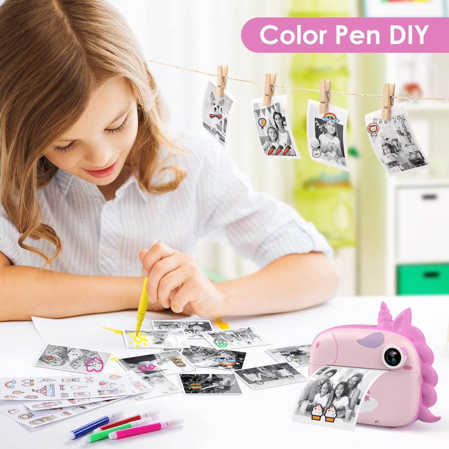 HiMont Children's Camera Instant Camera, Digital Camera for Kids with Printing Paper & 32G TF Card, Video Camera with Colorful Pens & Fun Accessories, Gift for Children 3-14 Years Old (Pink)