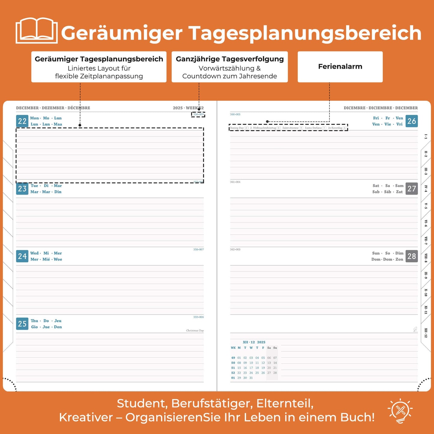 IN-LUXPRO Calendar 2025 2026 Weekly Planner, 18-Month Book Calendar (Jul.2025-Dec.2026) Monthly Calendar with Expense & Note Pages A4 (29 x 21.7 cm), with Vegan Leather & Note Pages, Orange Color.