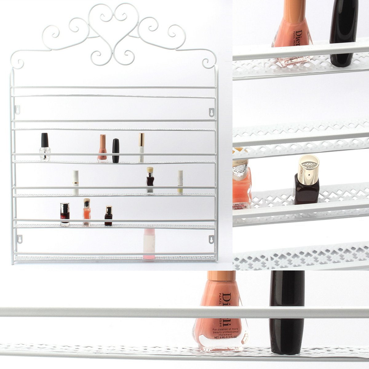 FullBerg 6-tier Metal Nail Polish Stand Wall Shelf Round, Nail Polish Shelf Storage Display Vanity Organizer Lipstick Stand Shelf Women Makeup Organizers, Shelves for Nail Polish (White)