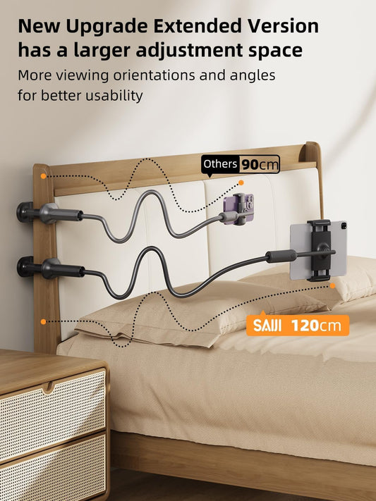 SAIJI 120CM Upgraded Gooseneck Tablet Holder, One-Hand Adjustable iPad Holder for Bed, Kindle Holder for Bedtime Reading, Compatible with iPad iPhone, Fire, All Devices from 4.7-13"