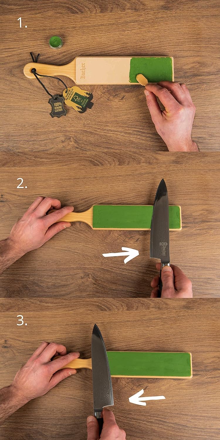 Bacher Premium Leather Strop Sharpening Tool for knives set with 4 x 7g polishing paste. Hardwood paddle handle, covered with 1/8" thick, bark-tanned cowhide.