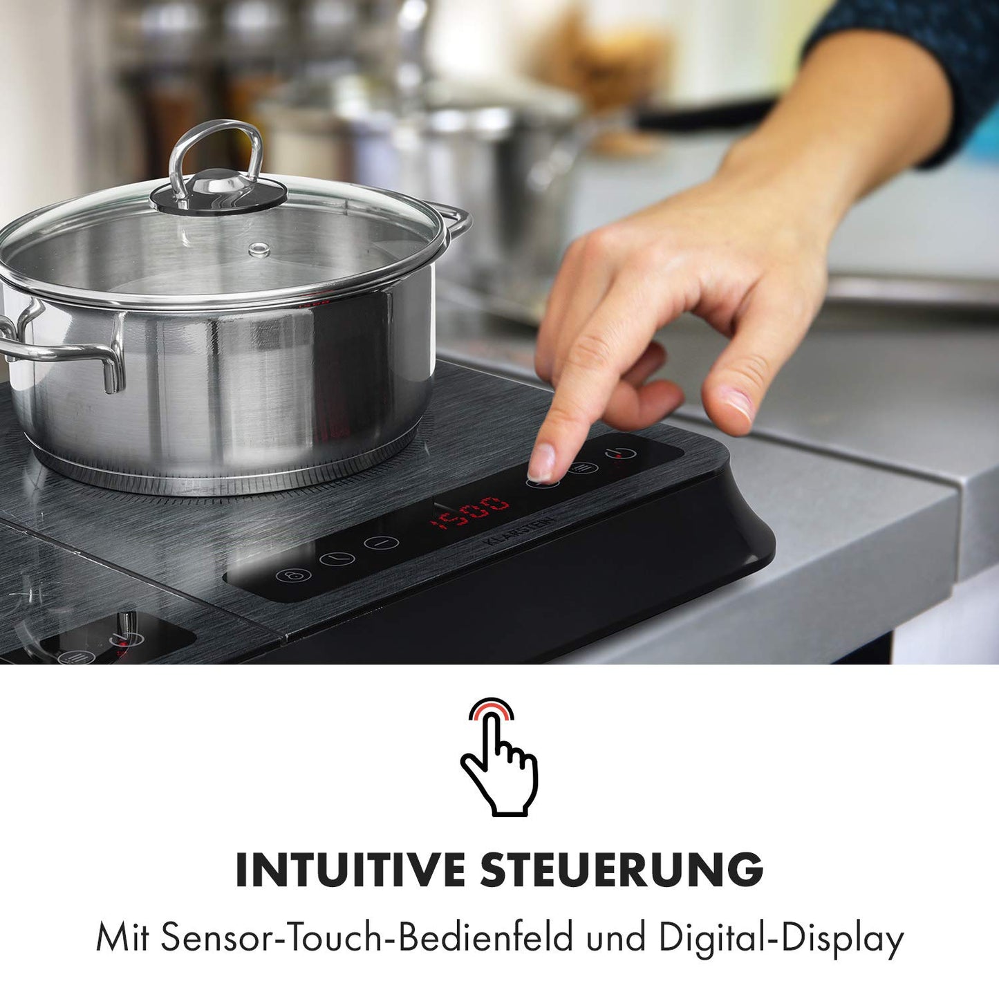 Klarstein InnoChef - Double induction hob, portable hob, 3400 W, touch control, pot sensor, shutdown timer, 10 levels, overheating protection, child lock, ceramic glass, black/grey mottled