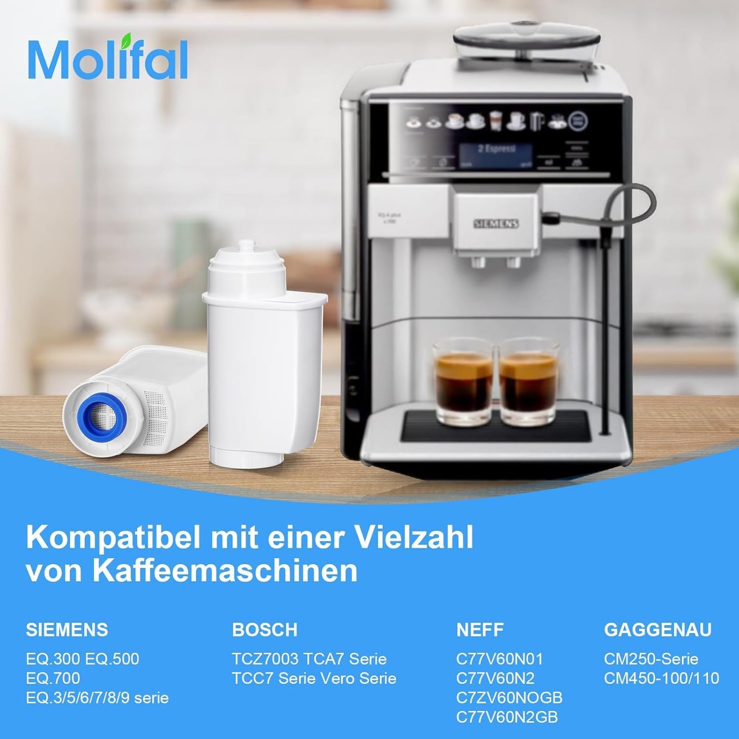 Molifal replacement water filter for Siemens EQ Series, EQ5, EQ6, EQ9, S700, EQ500, S900, S500, TZ70003, TCZ7003, replacement filter for Bosch TCZ7003, TCZ7033, 467873, Brita Intenza, Bosch 12008246 (3)