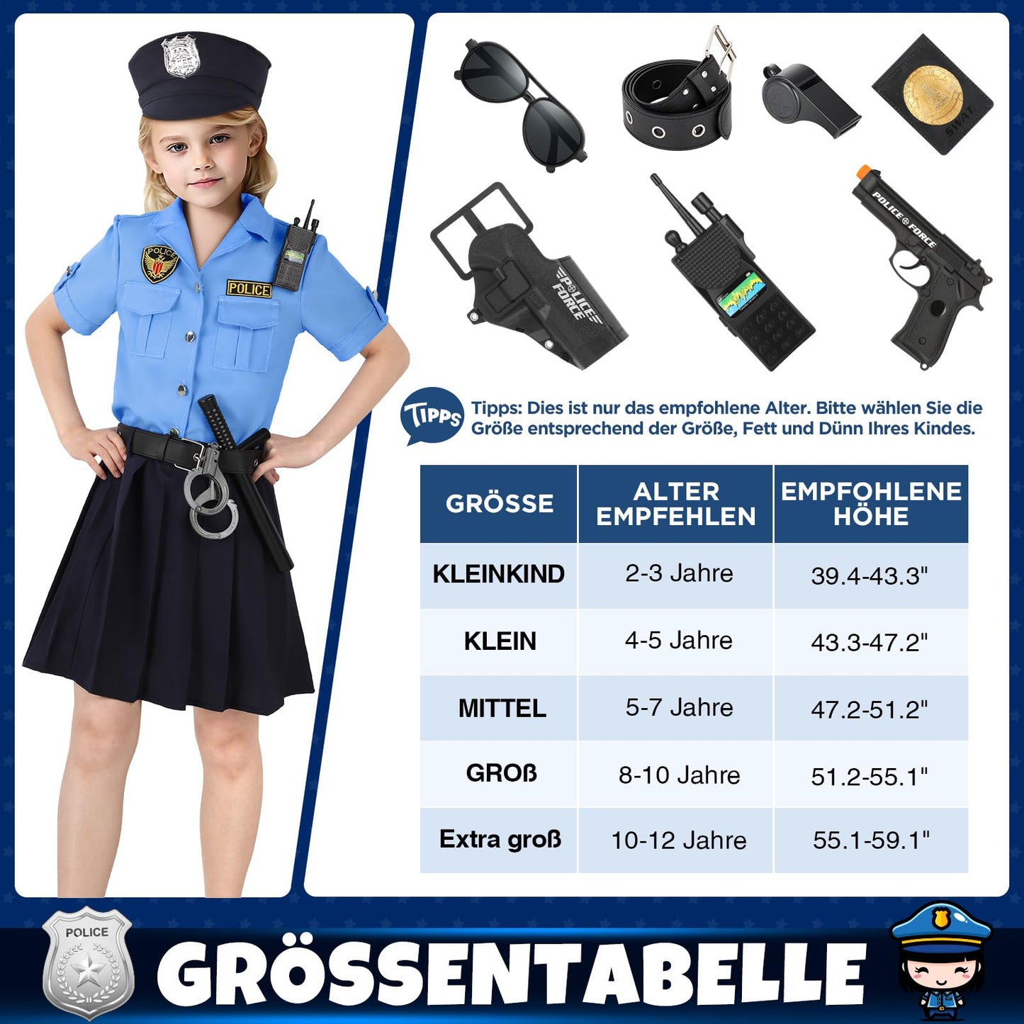 INNOCHEER Police Costume for Kids Boys and Girls - Halloween Carnival Costume - Police Toy (Large 8-10 Years)