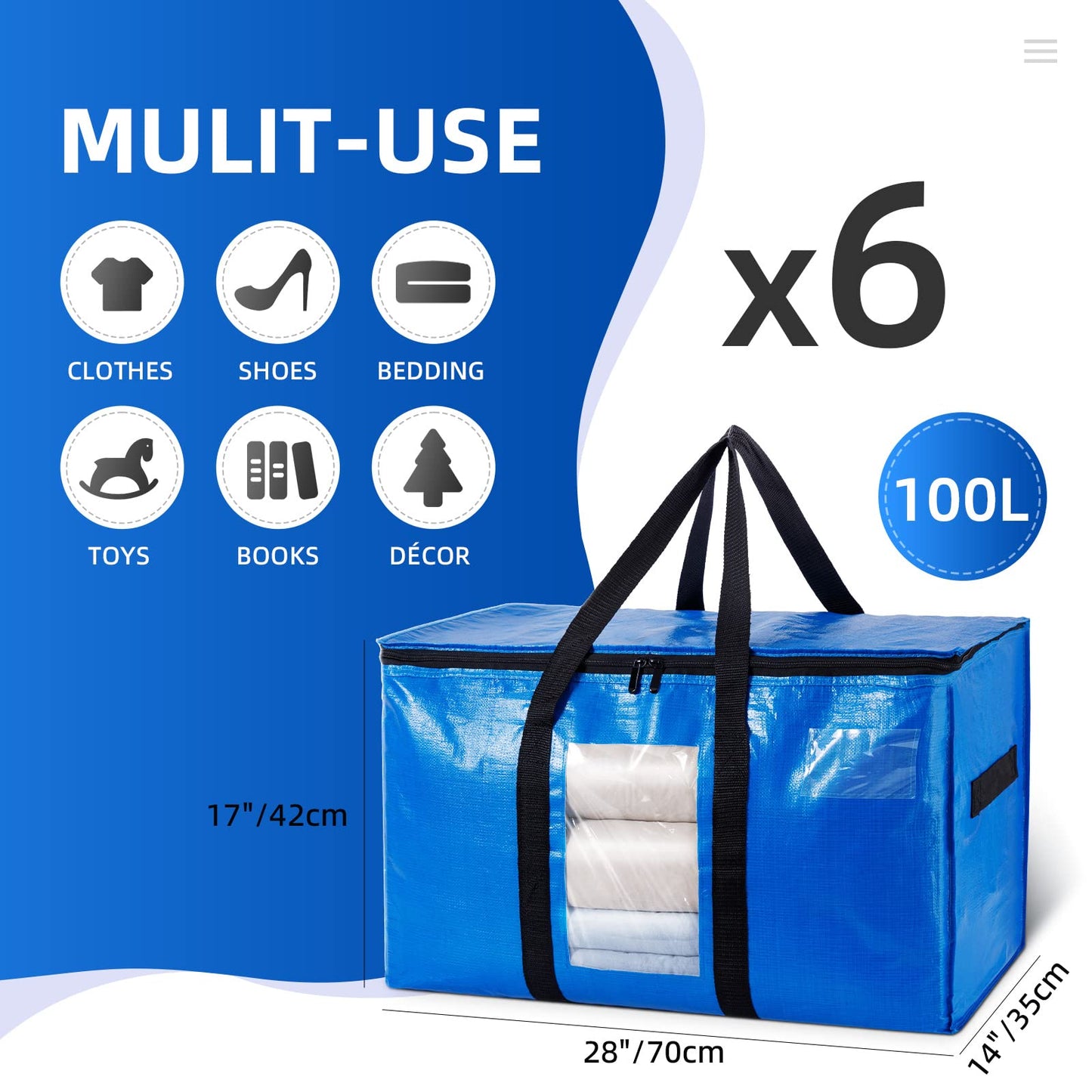 TAILI Large moving bags with zipper, 6 PCS storage bags for duvets with handles & lid for moving, comforters, clothing, traveling, bedding.