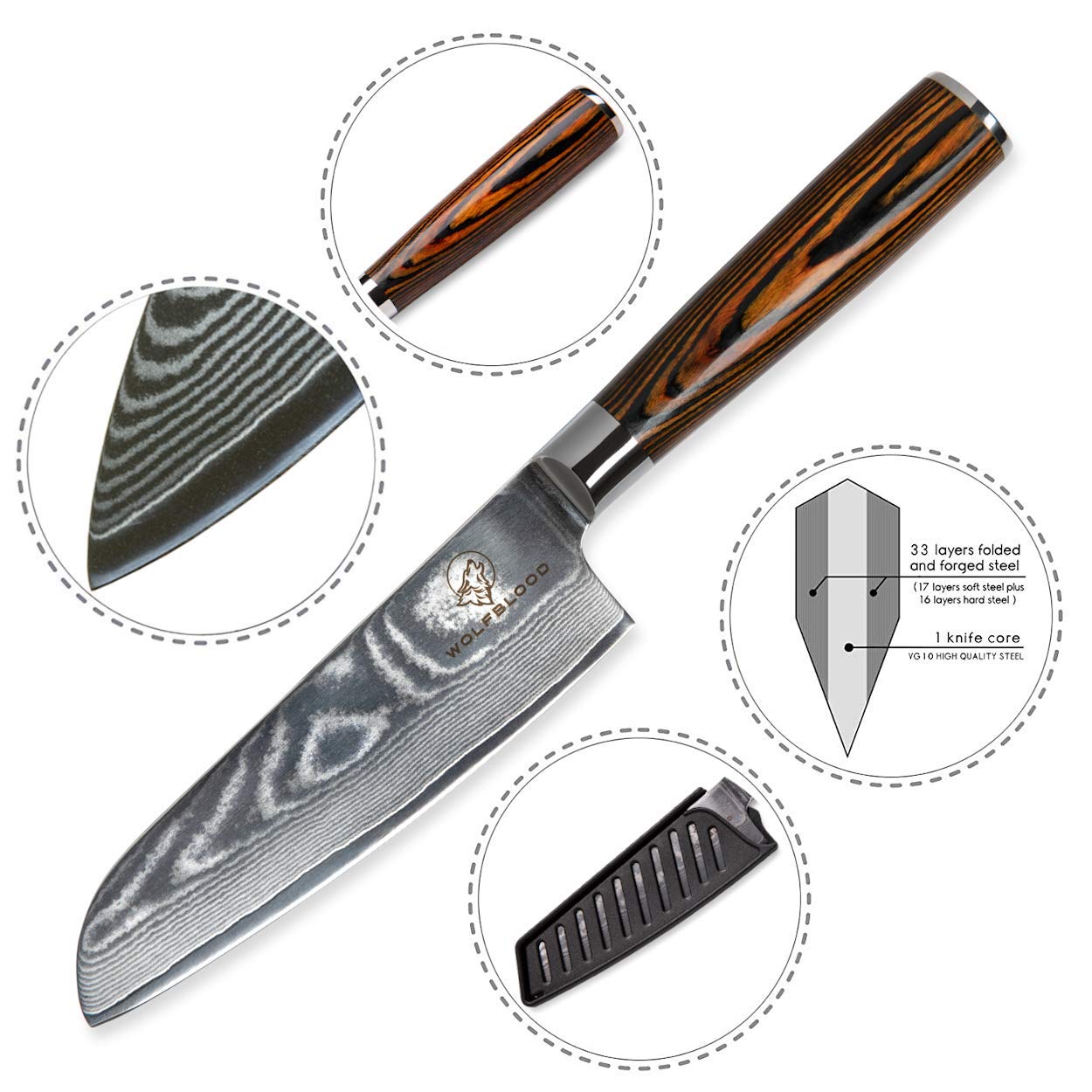 Wolfblood Damascus Santoku Knife L(24cm) Professional chef's knife made from authentic 67 layers Damascus steel I Damascus kitchen knife Santoku knife with wooden handle Gift box and blade guard