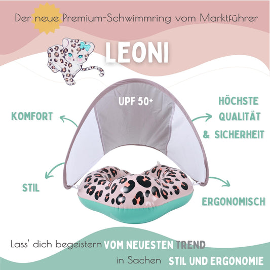EDWEKIN® Premium Baby Swim Ring Leoni 2025 with UV canopy (UPF 50+) | TÜV certified | Ideal baby float for 6-36 months | Stylish, safe & comfortable - the cutest swimming ring for kids